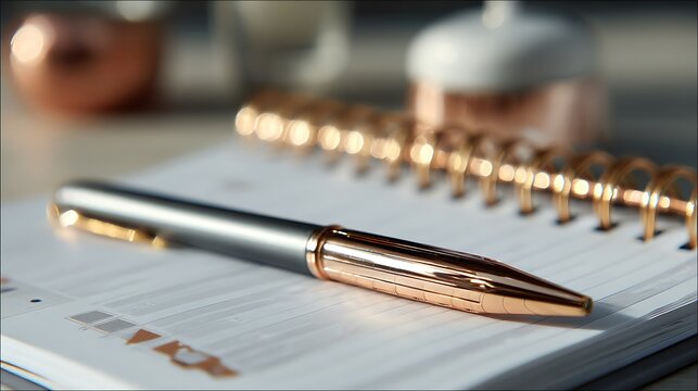 Metallic pen resting beside planner on desk