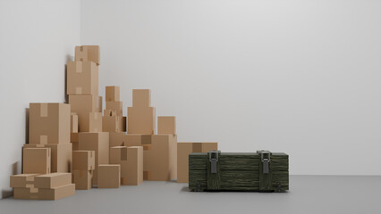 A closed green army box with metal locks stands among cardboard boxes in a logistics center, military aid, equipment delivery