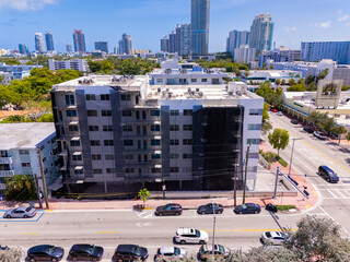 South Florida condo crisis. Aerial view of an old condo building undergoing repair