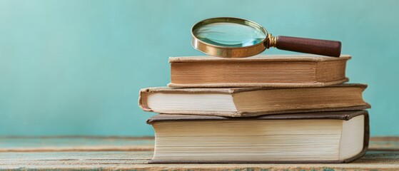 The books and magnifying glass on a rustic wooden table.