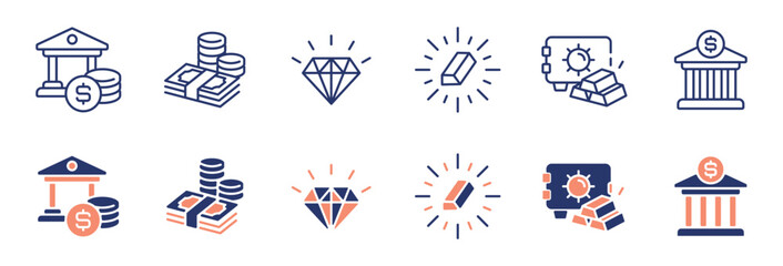 collection of bank icon line set financial savings currency containing money stack billfold, gold, building, diamond, safe vault signs vector illustration