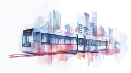 vibrant watercolor illustration of modern tram gliding through cityscape, showcasing urban life and transportation