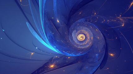 Abstract fractal swirl in deep blue tones, glowing light accents, smooth flowing design