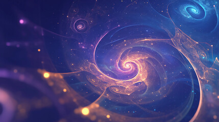 Abstract fractal patterns in the shape of spirals, glowing lights, colorful gradients