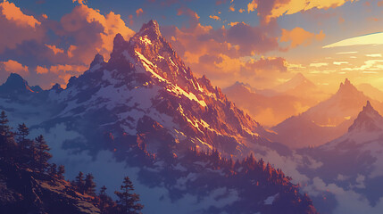 Aerial view of mountain range at sunset, warm lighting on rocky peaks