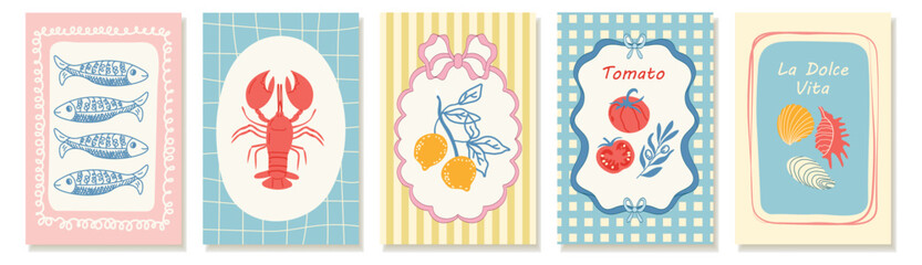 Set of summer Mediterranean posters with Italian vibes. Hand-drawn vector illustrations.  Amalfi. Italian food- lobster, tomatoes, lemons, sardines. Perfect for kitchen decor, cafe menus, recipe cards