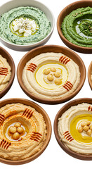 Assorted Hummus in Wooden Bowls on Transparent Background