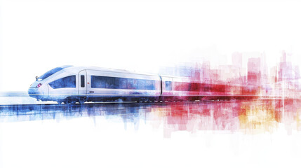 Watercolor illustration of modern train in motion, showcasing vibrant colors and dynamic urban background, evoking sense of speed and innovation