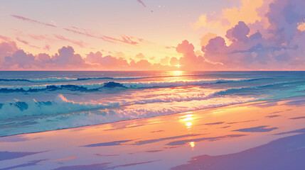 Colorful sunset over a peaceful beach, gentle waves, warm tones