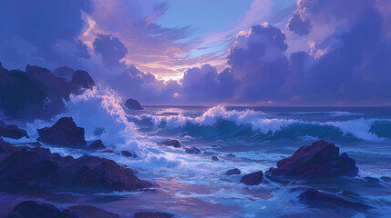 Deep purple and blue ocean waves crashing against rocks, stormy sky above