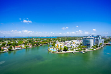 Miami Beach scene. Aerial view of waterfront condominiums and luxury mansion luxury homes