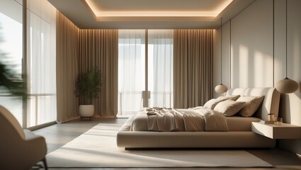 Fototapeta premium Modern bedroom interior with large windows, natural light, and minimalist decor. Cozy and elegant bedroom design. Contemporary and stylish bedroom space.