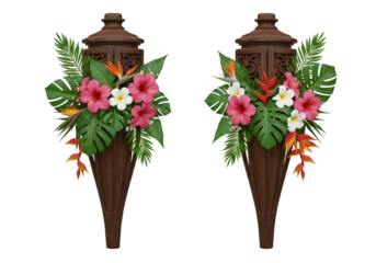 3D Render Tropical Flowers on Wooden Torches Isolated