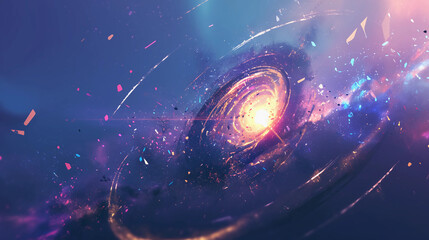 Spirals of light glowing in dark space, neon hues blending, cosmic atmosphere