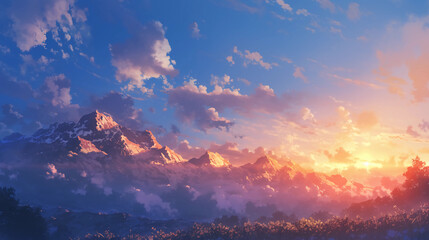 Sunset over distant mountains with soft lighting and glowing clouds