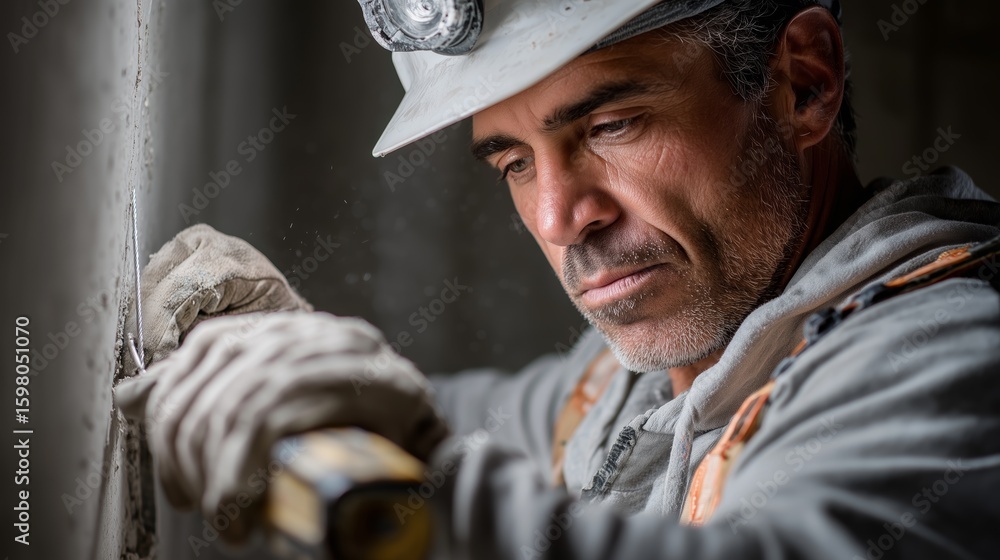 Poster skilled construction worker using a power tool for precise wall modifications in urban setting durin