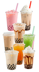Assortment of Bubble Tea in Plastic Cups on Transparent Background