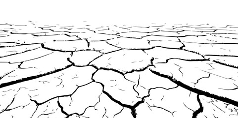 "A stark, black and white, high-contrast image showing a wide expanse of deeply cracked earth, stretching towards a distant horizon, emphasizing the textures and patterns of drought and desiccation."