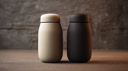 Minimalist salt and pepper shakers on matte surface