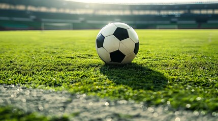 Fototapeta premium Soccer ball sits on the grassy field of a stadium. It's ready for play in the center of the field.