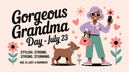 Naklejka premium Celebrating Grandma Day on July 23 with a stylish grandma taking a selfie with her dog and flowers, perfect for greeting cards and social media posts