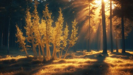 Fototapeta premium Golden sunlight filters through tall trees illuminating a forest scene with vibrant foliage and serene atmosphere.