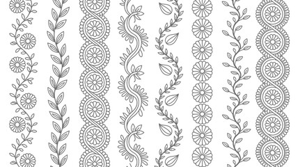 Collection of intricate black and white floral and leafy decorative borders showcasing organic patterns and stylized botanical elements, perfect for design accents and embellishments.