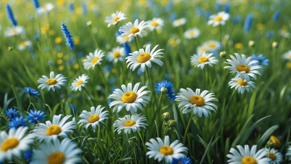 A field of daisies and blue flowers in a green meadow on a sunny day. Bright, colorful, natural scenery with wildflowers and grass.