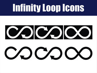 Infinity Loop Icons Morphing in Monochrome Flat Style. Six bold infinity loop icons evolve from arrows to sleek monochrome infinite forms.