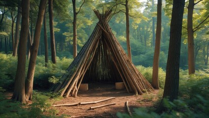 A green forest with a teepee-style shelter made of sticks and logs, surrounded by tall trees and lush foliage.