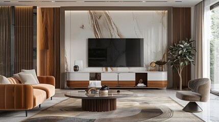 Stylish TV with wide screen displayed on a wooden cabinet placed in a spacious room.