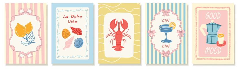 Set of summer Mediterranean posters with Italian vibes. Hand-drawn vector illustrations. Amalfi. Italian food- lobster, lemons, coffee, cocktail. Perfect for kitchen decor, cafe menus, recipe cards