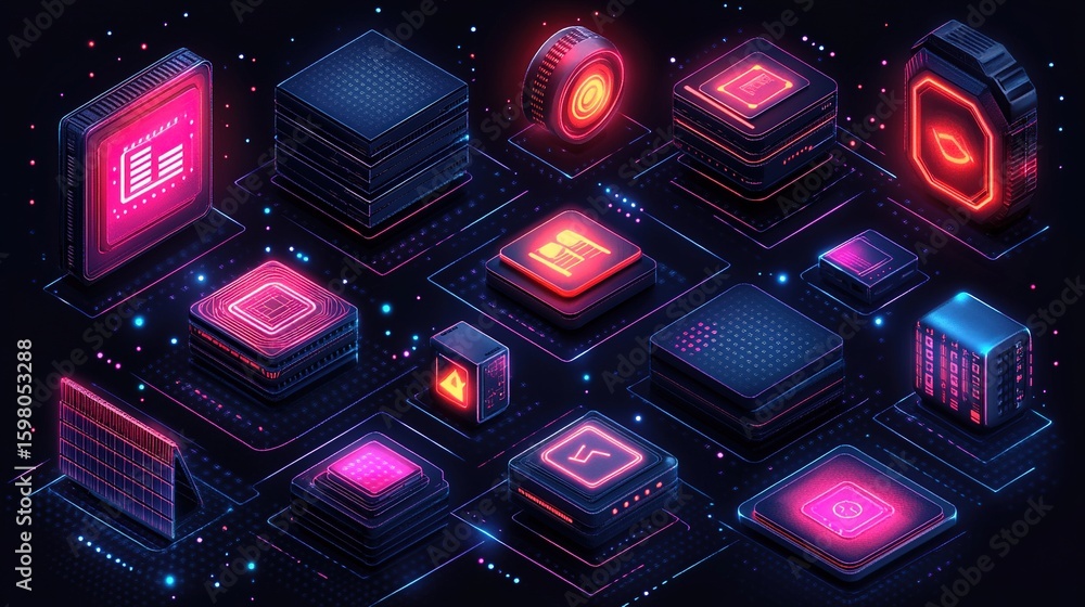 Wall mural minimalist ai chip icon set, using smooth geometric lines and gradient colors, designed in a modern 