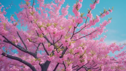 Blooming cherry blossom tree with pink flowers against a blue sky.