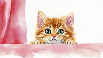cute orange kitten peeking over ledge, with big green eyes and curious expression, surrounded by soft watercolor hues