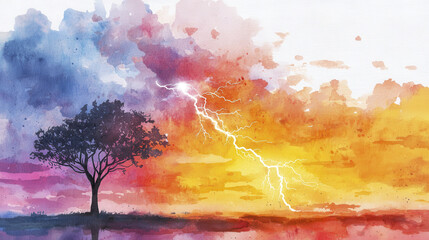 vibrant watercolor painting depicting dramatic sky with lightning, solitary tree, and colorful sunset. emotional expression evokes sense of awe