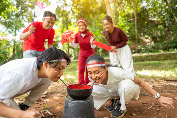 Portrait of  Indonesian southeast asian people celebrate Indonesia Independence Day on the 17th of...