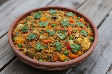 Delicious indian vegetable biryani served in a rustic clay bowl on a wooden table