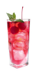 Tasty cherry soda water with ice cubes, berries and mint isolated on white