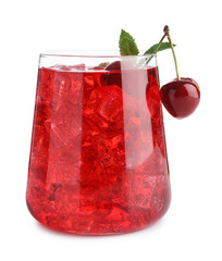 Tasty cherry soda water with ice cubes, berries and mint isolated on white