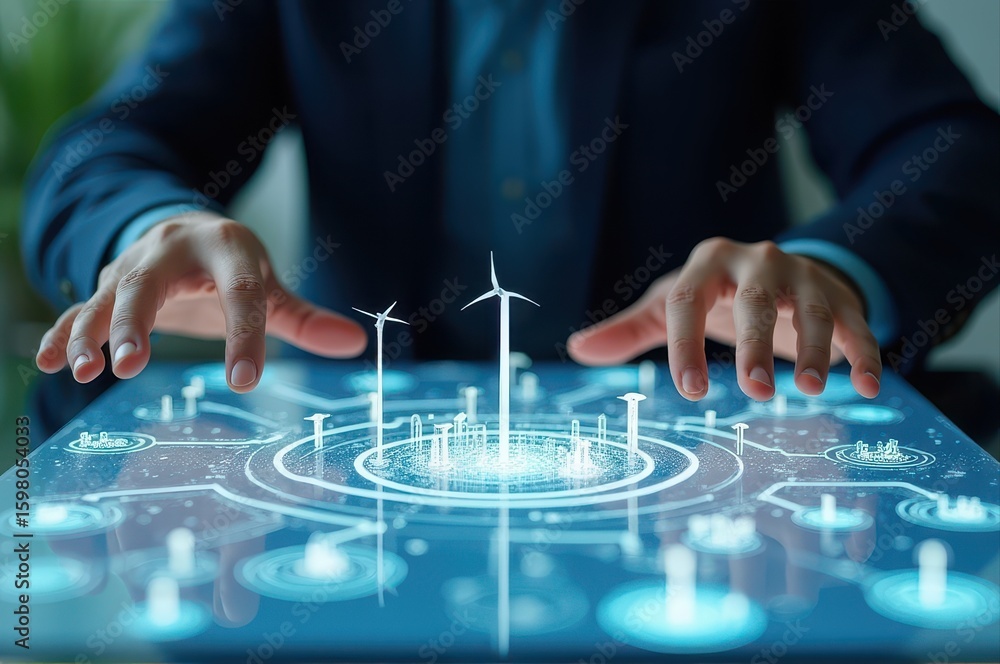 Poster hands interacting with digital interface displaying holographic wind turbines. conceptual representa