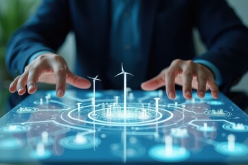 hands interacting with digital interface displaying holographic wind turbines. conceptual representation of renewable energy innovation and technology. sustainable development, green technology