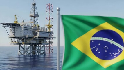 Ordem e Progresso. Brazilian flag waving with an offshore oil rig in the background. Brazil's oil and gas industry and energy production concept. - Powered by Adobe