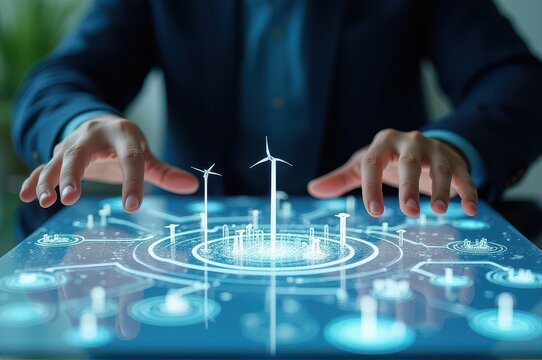 hands interacting with digital interface displaying holographic wind turbines. conceptual representation of renewable energy innovation and technology. sustainable development, green technology - Powered by Adobe