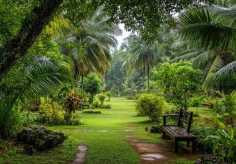 Obraz premium Lush tropical garden path after rain