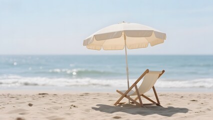 Beach Scene with White Umbrella and Lounge Chair Overlooking the Ocean