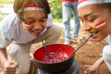 Portrait of  Indonesian southeast asian people celebrate Indonesia Independence Day on the 17th of...
