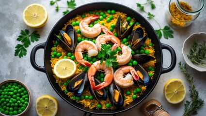 A seafood paella with shrimp, mussels, peas, lemon slices, and herbs arranged in a black skillet. Fresh ingredients and garnishes on a light surface.