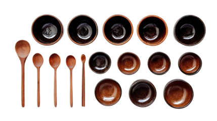 Brown Ceramic Set of Coffee Cups on Transparent Background

