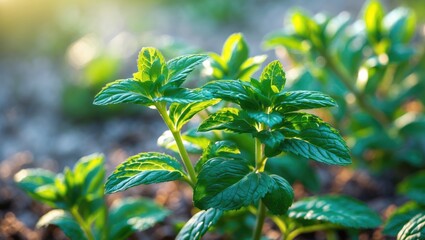 Young green plants growing in soil with sunlight, fresh plantation, growth, cultivation, nature, agriculture, crops, farming, and greenery.